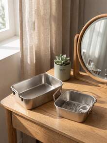 Haus Hana 1PC/2PCS Stainless Steel Double Portable Handle Square Storage Tray, Multi-Functional Desktop Display Organizer For Jewelry Hair Accessories Cosmetics Stationery Tiny Sundries Household Salon Daily Decor Use - Multicolor - View 5