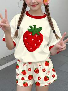 青少年女孩可愛草莓圖案短袖T恤與短褲套裝，紅白格紋，夏季校園穿搭，日系可愛花卉印花復古風格套裝 - 彩色 - 查看 2