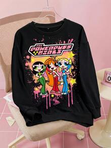 THE POWERPUFF GIRLS X SHEIN 女款休閒卡通印花運動衫，秋季 - 白色 - 查看 1