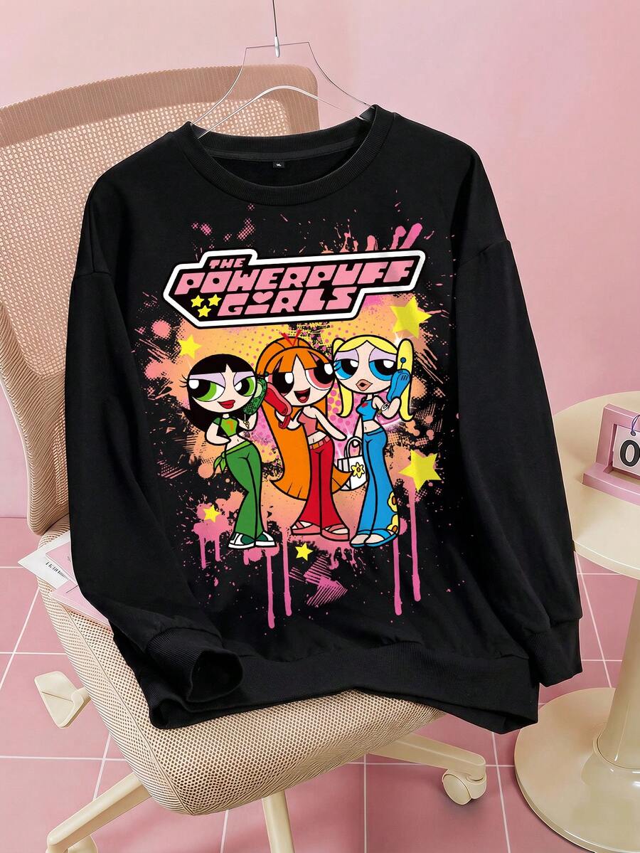 THE POWERPUFF GIRLS X SHEIN 女款休閒卡通印花運動衫,秋季 - 白色 - 查看 1