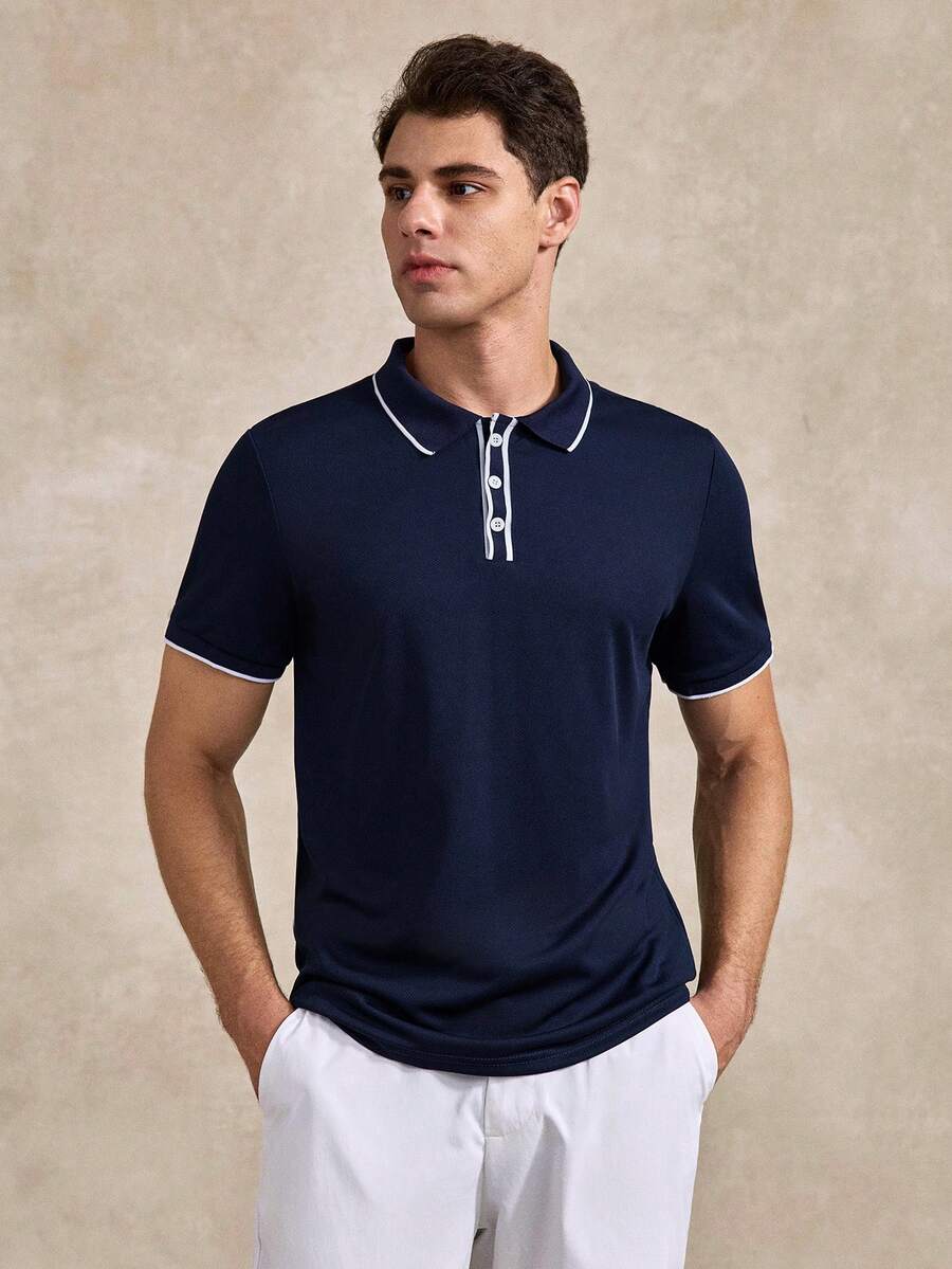 Courvante Men's Contrast White Trim Mesh Knit Polo Shirt Short Sleeve Breathable Slim Fit Business Casual Navy Top For Daily Office Wear - Navy Blue - View 1