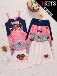 1套女童吊帶上衣與短褲居家服套裝，盲盒款式，4款設計，上衣與短褲均印有卡通女孩與SMART GIRL圖案，色彩鮮豔甜美，配色包含海軍藍、白色與粉色，柔軟針織面料，光滑親膚，垂墜感佳，舒適貼身，可機洗（1套隨機從4款中選出） - 彩色 - 查看 1