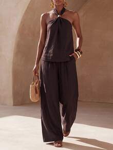 Zivah Spring/Summer Music Festival Easter St. Patrick's Day Valentine's Day Beach Vacation Sexy Jamaican Sleeveless Halter Neck Linen Shades Of Brown Pants - Brown - View 6