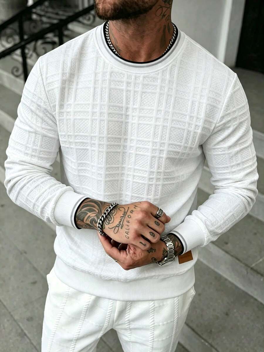 EGENSIO 男士針織提花素色紋理領口與袖口羅紋套頭運動衫 - 白色 - 查看 1