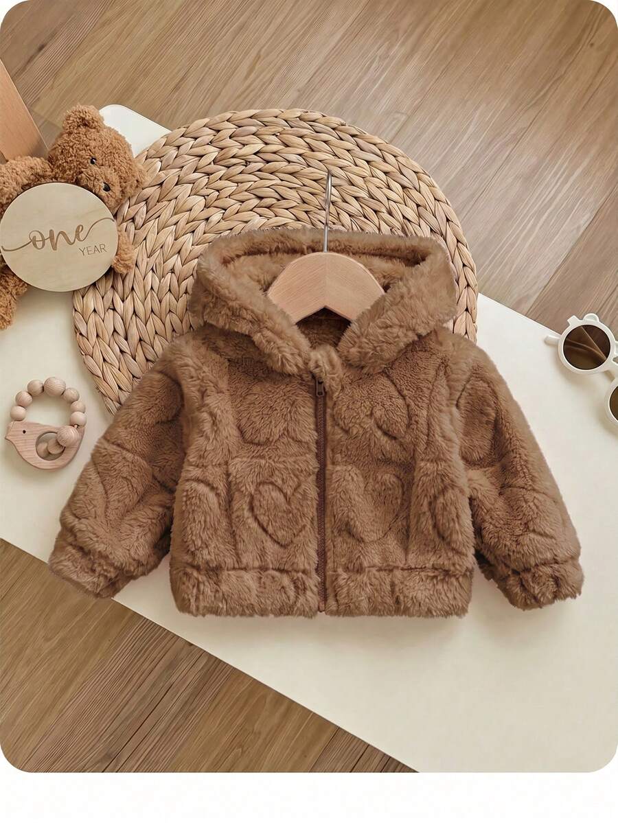 SHEIN 新生女嬰秋冬可愛純色毛茸茸愛心圖案連帽外套加厚款 - 棕色 - 查看 1