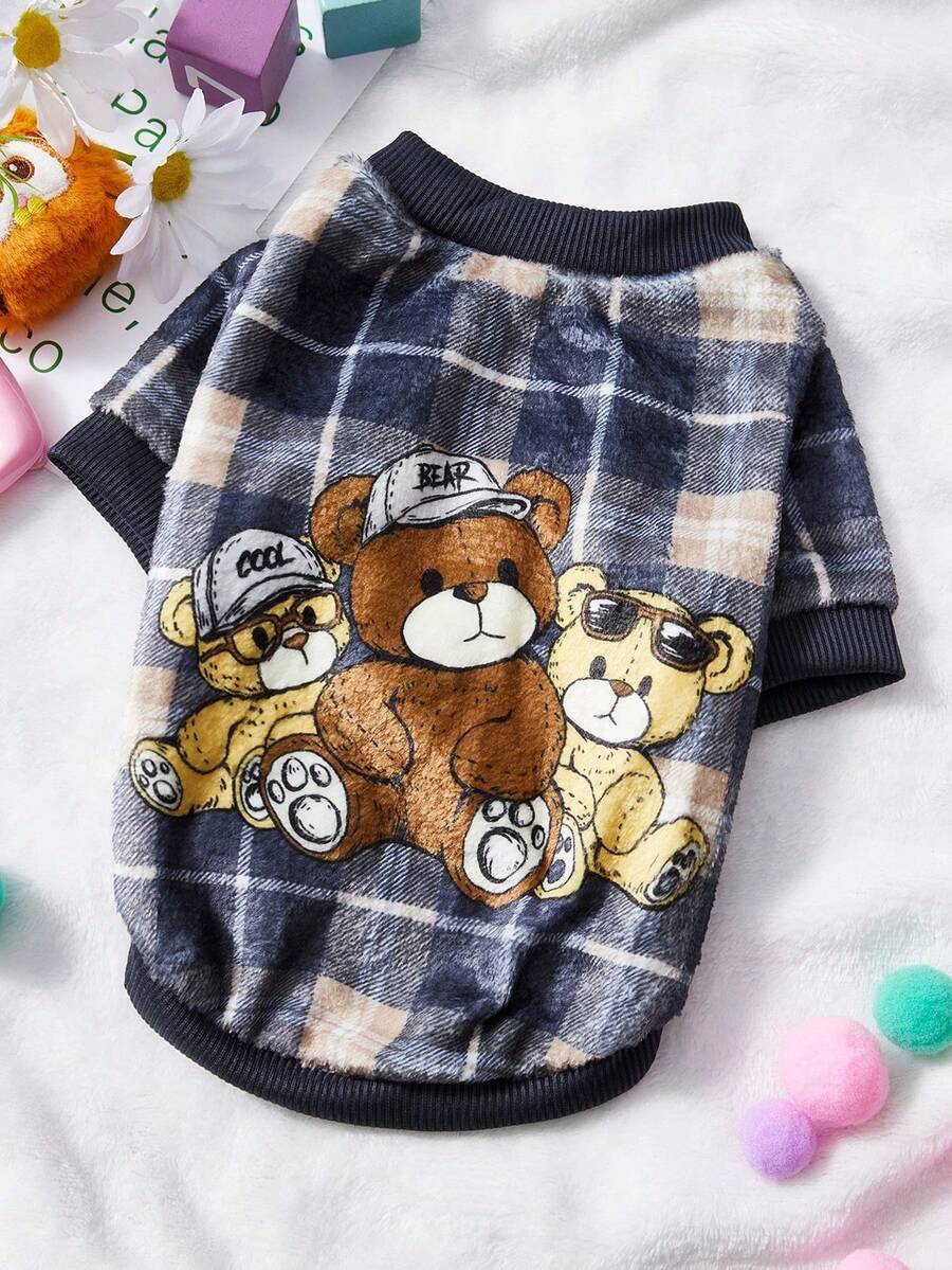 PETSIN 1 Piece Of Three Teddy Bear Plaid Flannel Pet , Black Flannel Thick Warm Pet Clothing - Multicolor - View 1