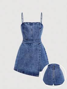 SHEIN MOD Plus Size Denim Jumpsuit, Casual Suspender Fitted Mini Blue - Dark Wash - View 2
