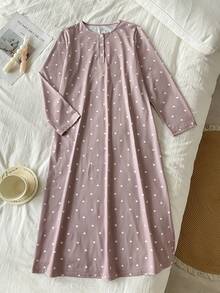 SHEIN Casual Comfortable Polka Dot Print Round Neck Half-Button Long Sleeve Nightgown - Khaki - View 5