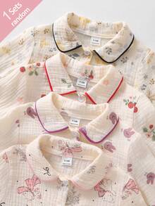 SHEIN Baby Girls' Random 1 Set Pajama Set, Featuring Classic Collar Design, Contrast Trim, And Playful Prints Like Floral, Bear, Bow, Strawberry, Rabbit, Surprise Blind Box Random Assortment - Multicolor - View 6