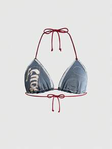 ROMWE Avant Y2K 可愛復古標語 Logo 補丁刺繡飾邊綁帶迷你修身性感大尺碼女款牛仔上衣 海灘俱樂部藍 - 藍色 - 查看 2