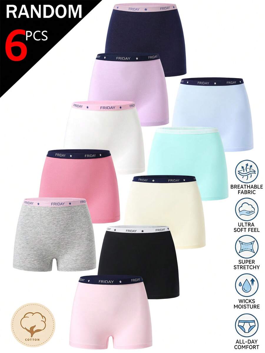 6pcs Celana Dalam Katun Polos Sederhana Bentuk Empat Sudut Warna Acak untuk Anak Perempuan, Cocok untuk Semua Musim - MultiWarna - View 1