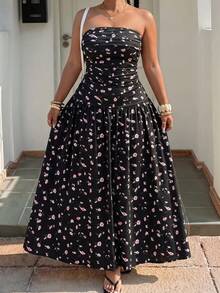GalTyme Plus Size Women's Ditsy Floral Strapless Ruched Elegant Dress - Multicolor - View 1