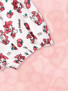 HELLO KITTY AND FRIENDS | SHEIN Baby Girl Cartoon Graphic Frill Trim Bow Front Slip Romper - Coral Pink - View 4