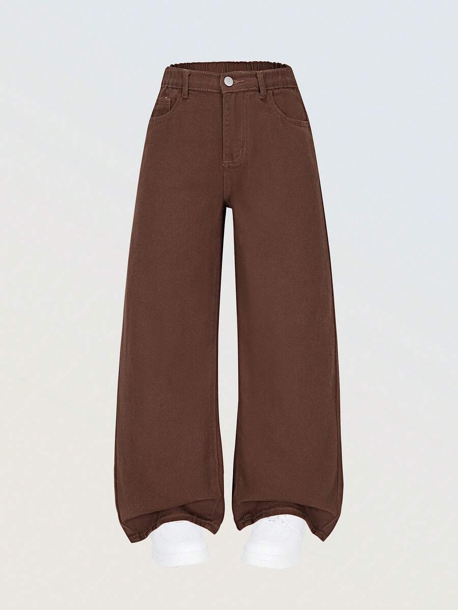 SHEIN Denimly 女童时尚休闲简约牛仔裤,松紧腰拉链门襟,水洗效果长裤 - 咖啡棕 - 查看 1