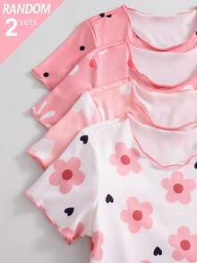 SHEIN 4件組少女可愛蝴蝶結與愛心印花短袖短褲針織睡衣家居服套裝 - 彩色 - 查看 5