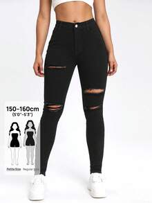 SHEIN PETITE 女款休閒百搭緊身牛仔褲 - 黑色 - 查看 1