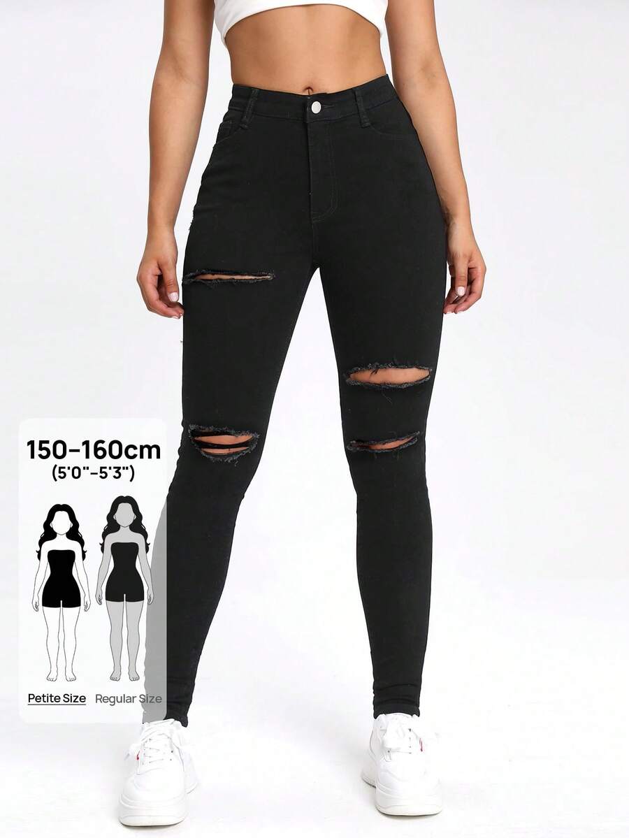 SHEIN PETITE 女款休閒百搭緊身牛仔褲 - 黑色 - 查看 1