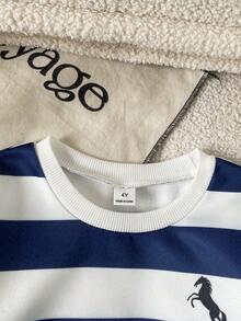 Souflis 2pcs Young Boy Casual Sports College Street Style Cute Cool Wing Pattern Tricolor Striped Sweatshirt + Long Pants, Suitable For Daily Wear, School, Travel, Sports, Spring And Autumn Seasons, Providing Multiple Matching Options For Boys, Increasing The Diversity Of Clothing Combinations, Overall Design Is Simple And Elegant, Comfortable And Fashionable To Wear - Blue - View 3