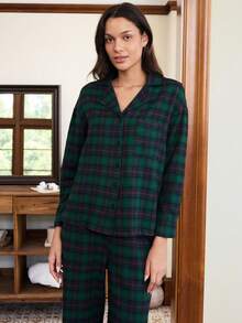 Doze Lane Setelan Piyama Celana Panjang Lengan Panjang dengan Kerah Terbuka Depan Motif Kotak-kotak Klasik untuk Wanita - Dark Green - View 6