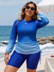 Swim Shayni 2026 New Plus Size Women Beach Wear Set, Round Neck Gradient Lantern Sleeve Drawstring Hem Top And Solid Color Knee-Length Shorts Bikini Swimwear - Blue - View 5
