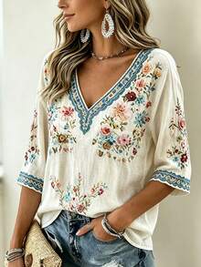 Selamara Plus Size Women's Floral Print Casual Versatile Daily Wear Top Fall - Multicolor - View 4