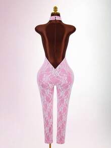 Amplova Women's Lace Cutout Design Sexy Halter Neck Jumpsuit - Pink - View 13