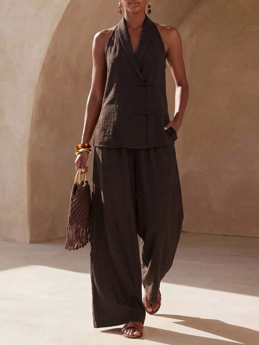 Zivah Spring/Summer Elegant Vacation V-Neck Sleeveless Linen Backless Top And Elastic Waist Loose Wide Leg Dark Brown Pants Set