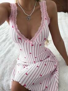 CottageSlumber Women's Lace Patchwork Backless Heart Print Knit Jacquard Nightgown - Pink - View 2