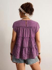 Freevana Plus Size Ruffle Hem Summer Casual Plaid Shirt - Purple - View 2