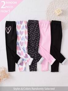 SHEIN 5件/2件女童幼兒打底褲，羅紋針織面料配鬆緊腰帶荷葉邊飾，黑色彩虹波點、愛心、夏季運動紫色 - 彩色 - 查看 4
