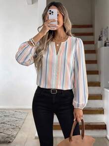 SHEIN LUNE Casual Minimalist Colorful Faux Texture Striped All-Over Print Pattern Women's Shirt Suitable For Spring And Autumn - Multicolor - View 2