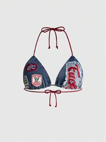 ROMWE Avant Y2K 可愛復古標語 Logo 補丁刺繡飾邊綁帶迷你修身性感大尺碼女款牛仔上衣 海灘俱樂部藍 - 藍色 - 查看 1