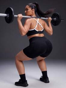 Powerista Women's Plus Size Summer&Spring Gym&Fitness Sportswear Minimalist  Color Block Backless Bra And Fitted Shorts Sports Set With Breathable Mesh Fabric - Black - View 8