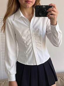 Firerie Kids Firerie Kids 青少年女孩返校百搭白色襯衫，白色開衩腰部抓褶胸前長袖女式襯衫，休閒日常時尚百搭，適合畢業季正式場合，長袖白色襯衫，秋冬疊穿 - 白色 - 查看 4