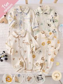 SHEIN Vintaside Kids 新生兒舒適柔軟親膚棉感米色獅子熊貓熊月亮兔子印花領口鈕扣前開長袖長褲包邊連身衣4件套 - 彩色 - 查看 6