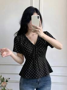 Celisse French Polka Dot V-Neck Cinched Waist Blouse With Ruffle Hem And Drawstring Short Sleeve Shirt, Sexy Style, Slimming, Youthful, Elegant - Black - View 3