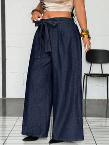 Jeanoix Calça Denim Perna Larga Casual Tradicional Lavada com Cinto Plus Size Azul Marinho Formal Brunch Verão - Lavagem escura - Visão 3