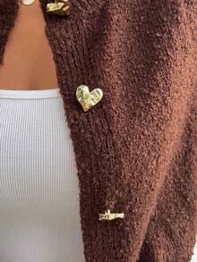 SHEIN Clasi Casual Solid Color Short Hollow-Out Knit Cardigan In Fall/Winter - Brown - View 7