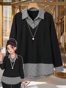 SHEIN Clasi CURVE 大尺碼女款秋冬時尚休閒寬鬆舒適日常基礎極簡格紋拼接翻領長袖襯衫 - 黑色 - 查看 1