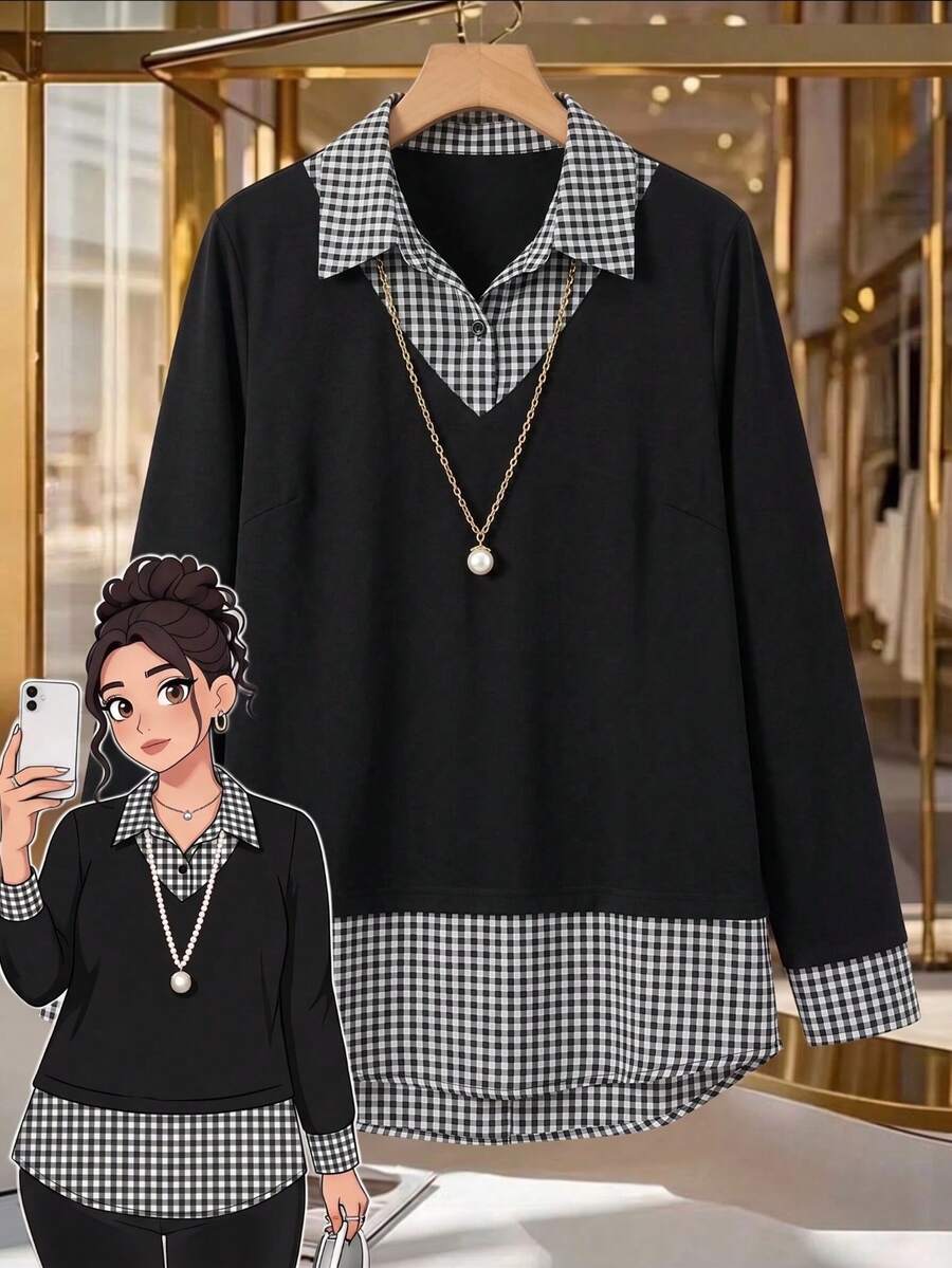SHEIN Clasi CURVE 大尺碼女款秋冬時尚休閒寬鬆舒適日常基礎極簡格紋拼接翻領長袖襯衫 - 黑色 - 查看 1