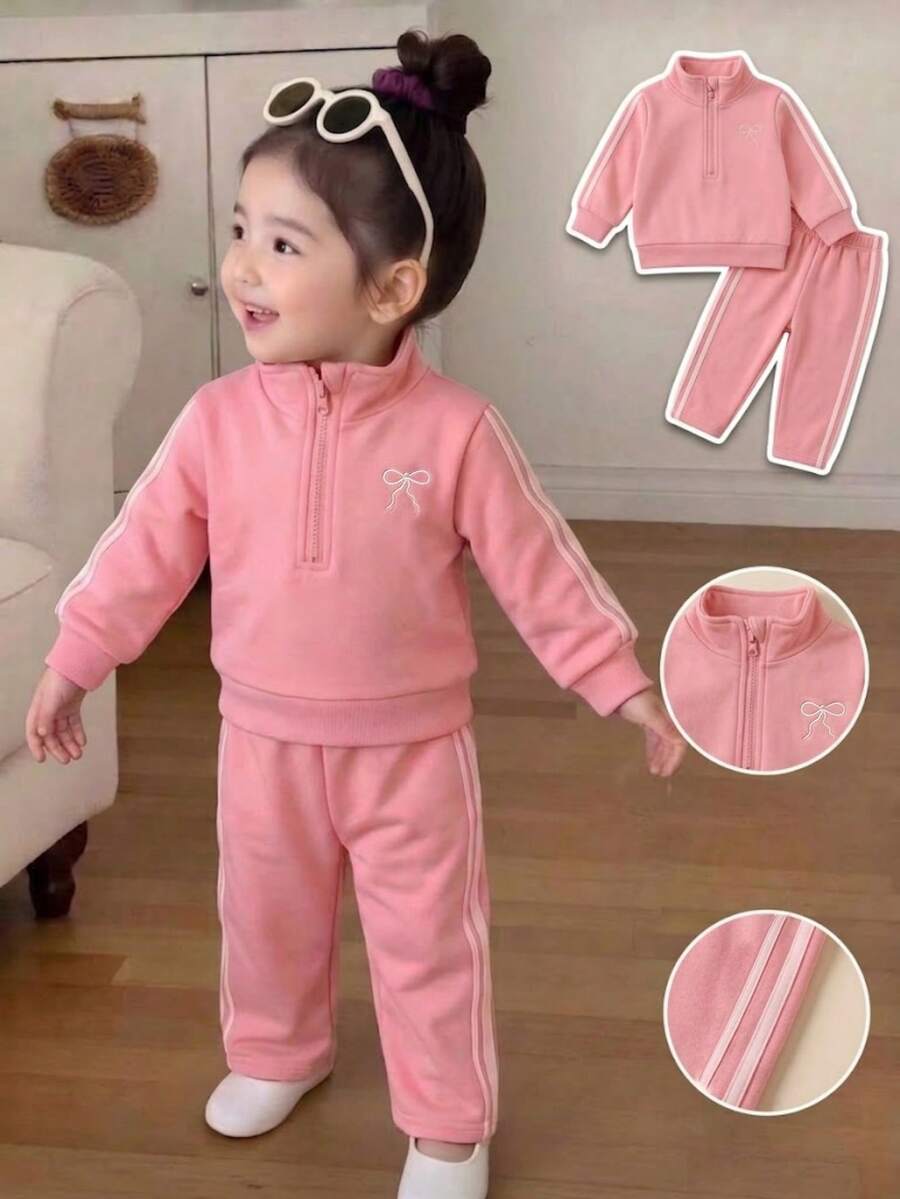 SHEIN Playful Pals 女嬰蝴蝶結刺繡運動衫套裝,休閒可愛,適合日常穿著 - 粉色 - 查看 1