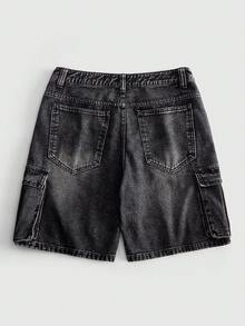ROMWE MEN Street Life 男士復古黑色丹寧短褲，飾有風格化字母刺繡與星星雪尼爾貼布，寬鬆大腿街頭風多口袋工裝貨物丹寧中長短褲，Y2K暗黑美學夏季休閒五分褲，適合日常穿搭與街頭穿著 - 黑色 - 查看 2