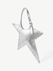 Viva Strut 1pc Star Shape Shoulder Bag, Sliver Faux Leather, Fashion, Personalized, Versatile, Street Style, Sweet Cool Girl, Hot Girl, Y2K, Rivet. - Silver - View 4