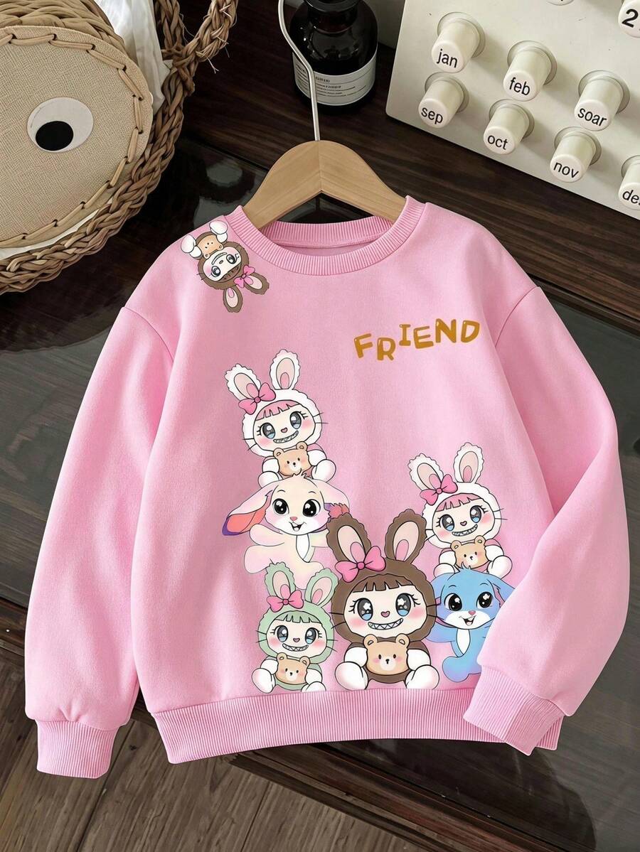 Young Girl' Cute Cartoon Floppy Ear Blue Rabbit Print Sweatshirt, Autumn/Winter - Multicolor - View 1