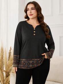 Lacomfia Autumn/Winter Elegant Casual Print Patchwork V-Neck Button Loose Fit Plus Size Women's T-Shirt - Multicolor - View 5