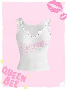 Mean Girls | ROMWE Summer Casual Letter Print Rhinestone Women's Tank Top - White - View 1