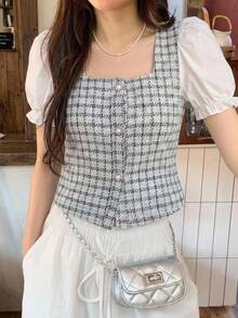 DAZY Women's Contrast Color Block Short Sleeve Front Button Simple Casual Shirt Plaid Babydoll Top - Blue - View 2