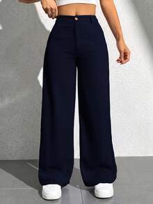 SHEIN PETITE 女款休閒鈕扣口袋寬鬆長褲，適合辦公與通勤 - Blue Power - 查看 8