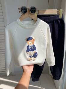 Young Boy Cartoon Bear Kids Pattern Knitted Soft Crew Neck Long Sleeve Pullover Sweater And Elastic Waist Long Autumn Pants 2-Piece Set - Multicolor - View 6
