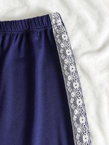 Xiyin 13-16歲女孩甜美風兩件套：針織方領假兩件式長袖上衣（附精緻蕾絲飾邊）搭配側邊飾邊寬腿運動長褲，舒適校園日常穿著運動居家休閒套裝 - 藍色 - 查看 8